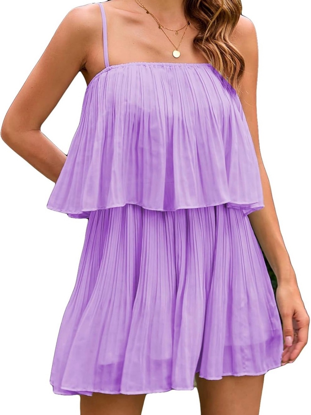 Pleated Spaghetti-Strap Romper in Lilac